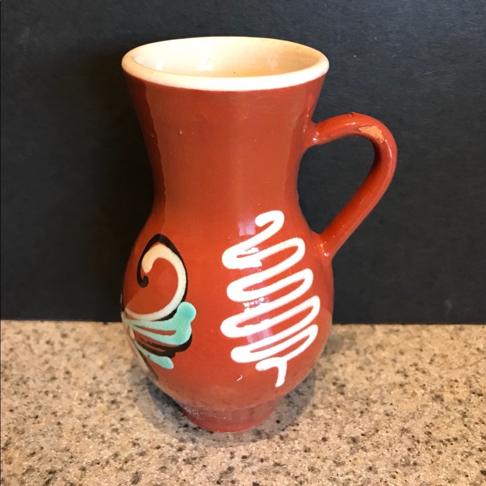 Vintage Hungarian Pottery Pitcher | Redware Vintage Jug with Quail Pattern.
